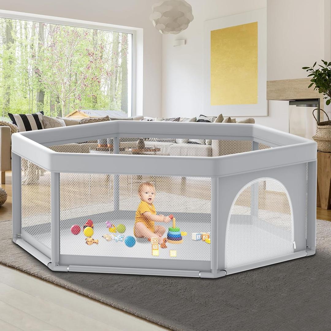 Fshibila 65" 65" Hexagonal Baby Playpen, Baby Playard for Babies and Toddlers, BabyFence Play Pens for Indoor & Outdoor, Sturdy Safety Play Yard with Soft Breathable Mesh, Anti-Fall, Grey