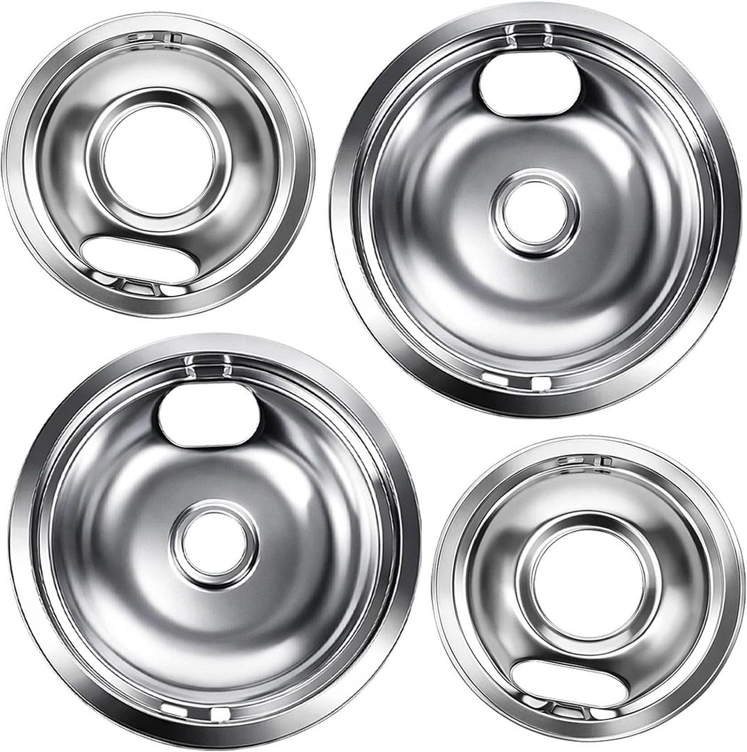 W10196405 W10196406 Electric Stove Burner Drip Pans Kit, 4-Pack (2x 8” and 2x 6”), Compatible for Whirlpool, Kenmore, Maytag Electric Range Burner, Heat-Resistant and Not Prone to Rusting