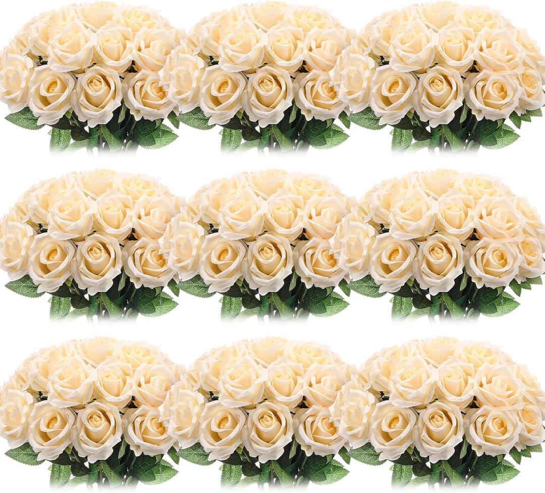 Jexine 100 Pieces Artificial Roses Flowers Bulk, Long Stem Realistic Fake Silk Roses Bouquet for Table Centerpiece Vases Wedding Party Kitchen Decor (Champagne)