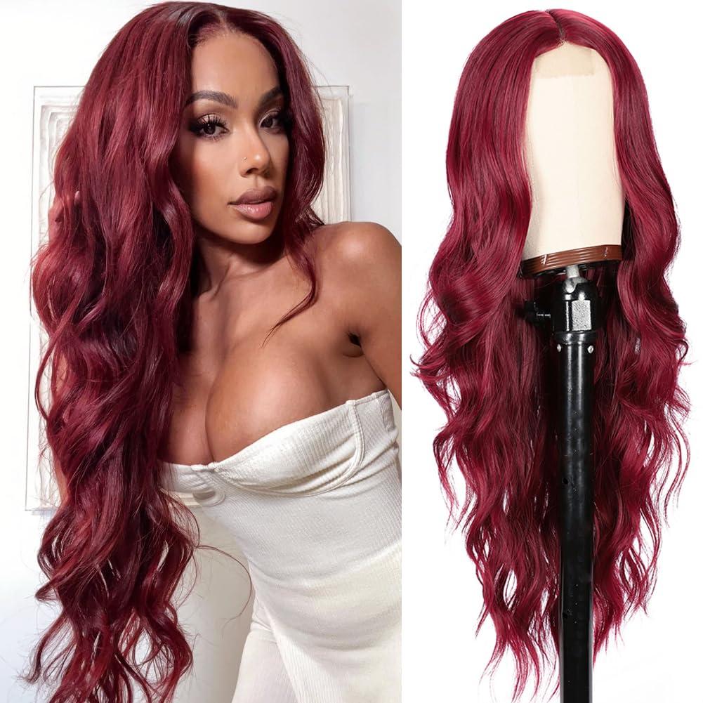 Colorful Queen 99j Burgundy Wig Glueless Long Wavy Red Wigs for Women 26 Inch Curly Wig Put on and Go Red Colored Wigs for Cosplay Daily Use