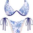 ZAFUL Women's Bikini Sets Ribbed Two Piece Swimsuits Underwire Adjustable Back Clasp Bathing Suit Side Tie Thong Swimwear (Blue Floral) S 