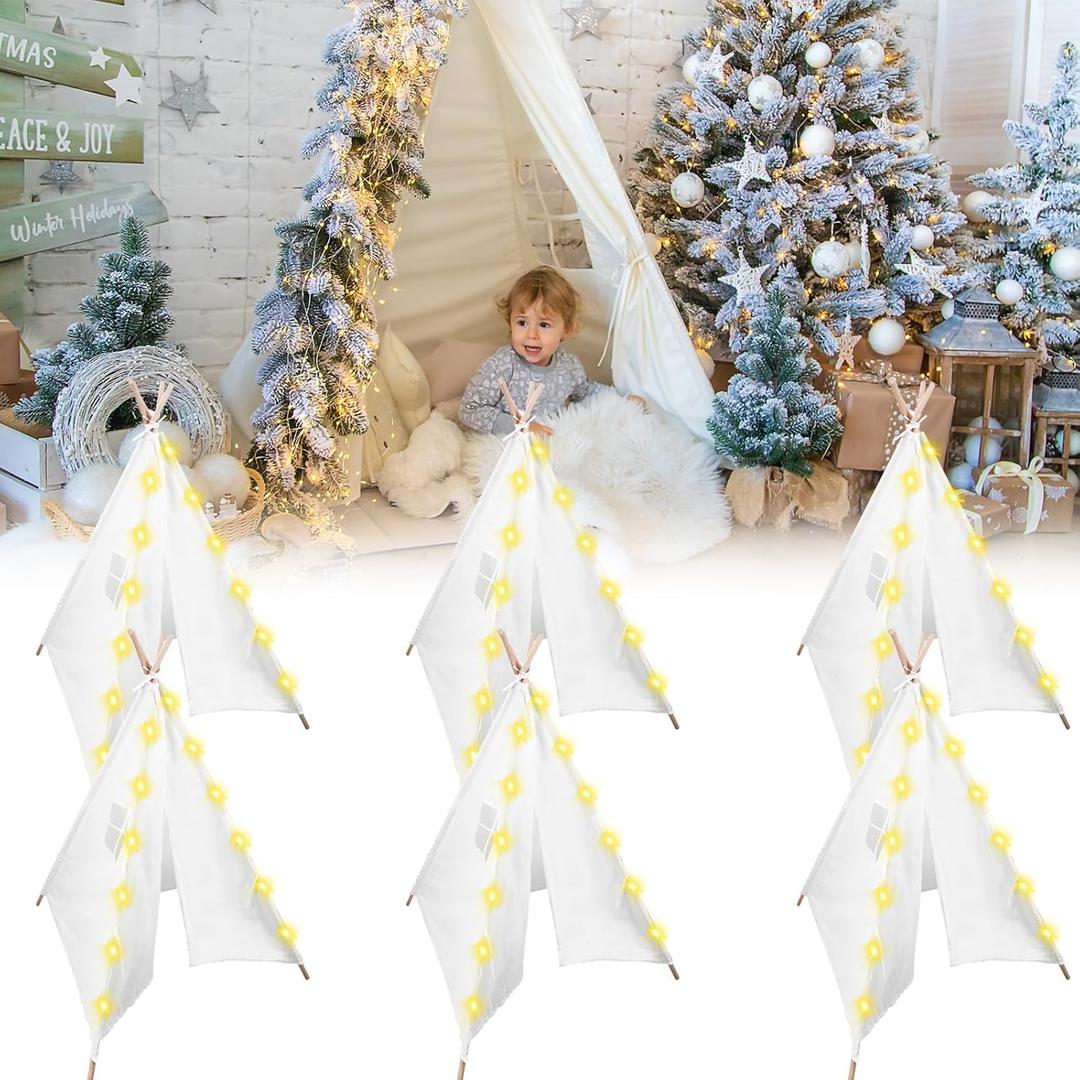 6 Packs Teepee Tent for Kids with 10ft String Lights, Indoor Play Teepee Tent for Girls & Boys, Foldable Tents for Birthday Party Boho Sleepovers Party Pajama Party (White)