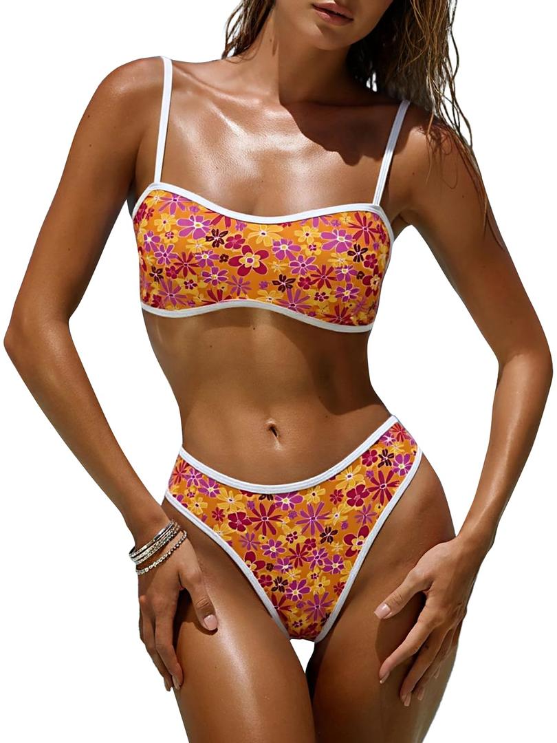 OWICA Women's 2 Piece Bikini Sets Floral Print High Cut Bathing Suits Cheeky Bandeau Beachwear Swimsuits for Women (Orange, M)