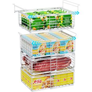 iSPECLE Deep Freezer Organizer Bins for 10 to 20 Cu.Ft, 4 Pack Stackable & Hanging Baskets, Expandable Metal Wire Storage System, Fits 17.5"-22.6" Width, Chest Freezer Only, White