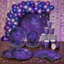 97 Pcs Purple Party Supplies Disposable Tableware Set, Holographic Plates, Napkins, Forks & Tablecloth for Teen Birthday Decorations, Serves 24