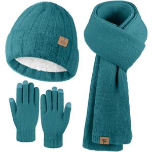 Winter Beanie Hat Scarf Gloves, Warm Fleece Knit Hat Long Scarf Neck Warmer Touch Screen Winter Gloves Set Gifts for Women (Blue Green)