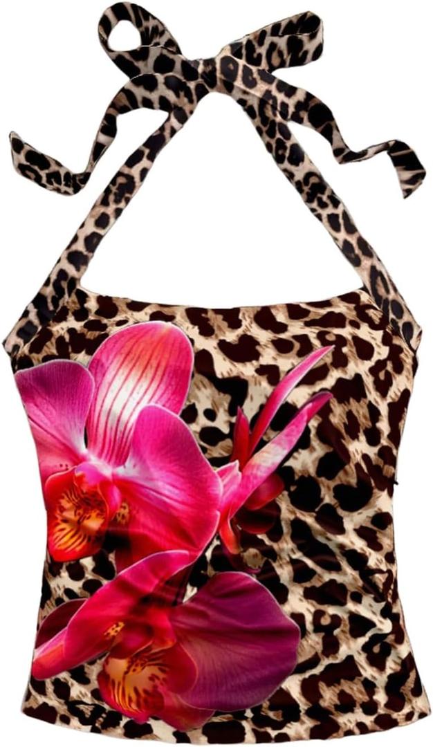 Milumia Women's Leopard Floral Tank Top Halter Neck Backless Sleeveless Party Tops (Large, Brown)
