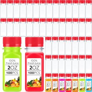Roshtia 100 Pcs 2oz Small Clear Plastic Juice Bottles with Lid for Liquids Reusable Ginger Shots Bottle Vial Beverage Container Leak Proof Mini Jars for Juice, Milk, Water(Red)