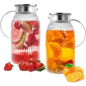Bandesun Glass Pitcher with Lid, 68 oz/ 2 Liter 2Pack Vintage Water Pitcher,Glass Water Carafe for Cold Brew, Coffee, Lemonade, Iced Tea,Beverage, Heat Resistant Jug