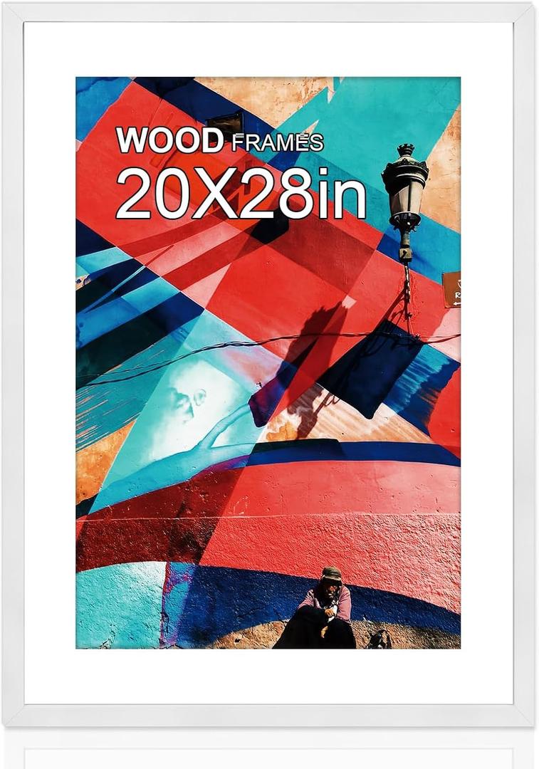 20x28 Poster Frame Matted to 16x24 White Soild Wood Display Picture Puzzle Artwork Canvas Art Painting 16 by 24 with Mat Opening or 20 x 28 without Mat Horizontal or Vertical for Wall Hanging