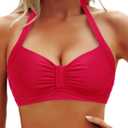 Yonique Women Halter Bikini Top Only Retro Swimsuit Top Push Up Bathing Suit Top No Bottom (Large, Red)