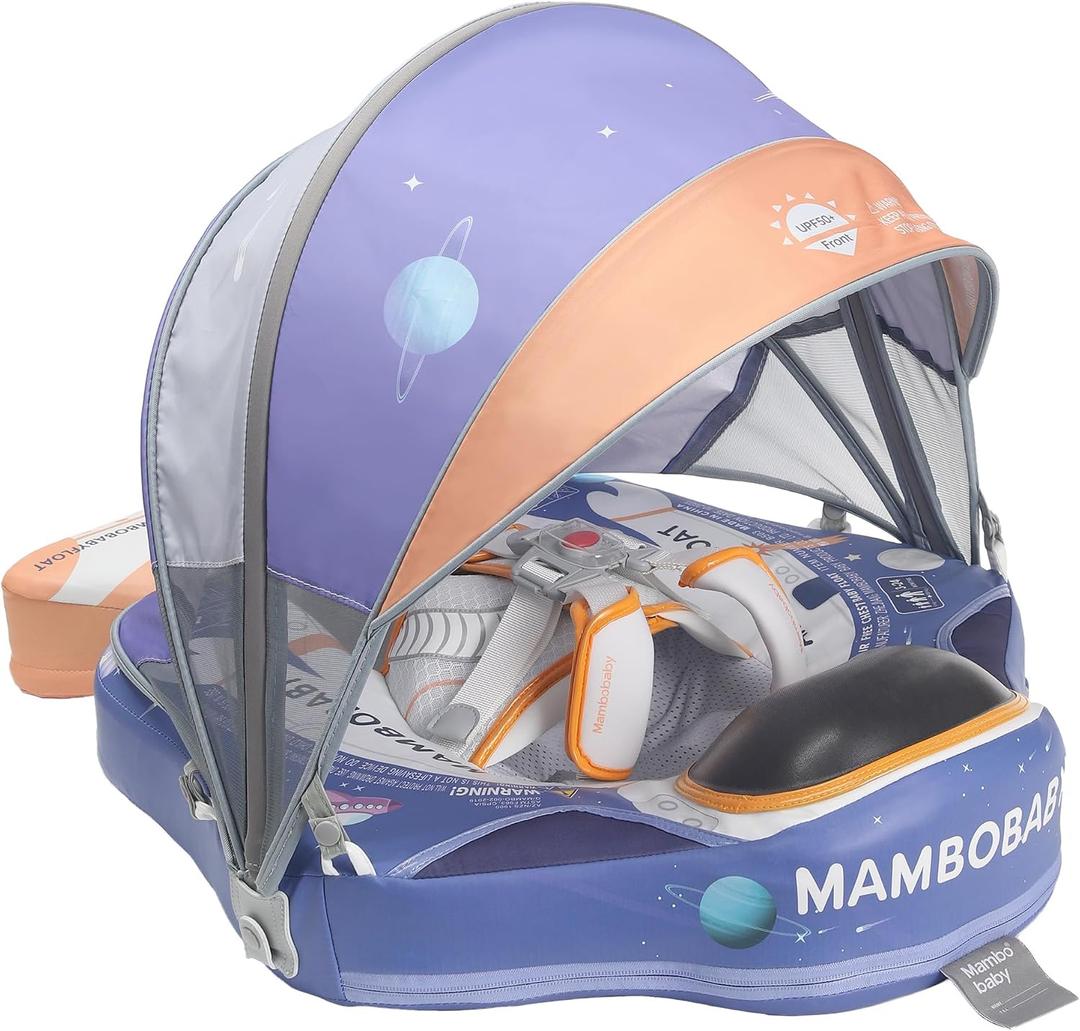 Mambobaby Float Upgrade Add Tail Baby Float with Canopy for Infant Waist Swimming Ring Swim Trainer Non-Inflatable Floats Toys with Adjustable Safety Strap (Blue - Astronauts)