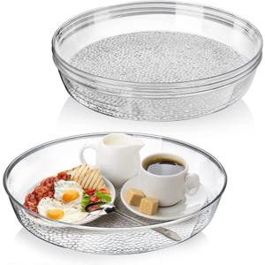 Lyellfe 4 Pack Clear Serving Tray, 12 Inch Round Plastic Platter, Deep Spill Proof Tray for Coffee Table, Decorative Perfume Tray for Bathroom, Ottoman, Vanity