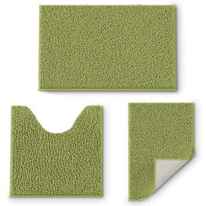 Sage Green Bathroom Rugs Sets 3 Pieces, Chenille Bathmat, Ultra Soft Bath Rug, and Absorbent Rug Set, Machine Wash Carpet Set for Bathroom, Tub, Shower (16" x 24" & 20" x 32"& 20" x 20" U shape)