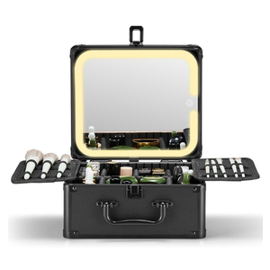 Qislee Makeup Box with A Detachable Lighted Mirror, Waterproof Travel Train Case, Cosmetic Organizer and Makeup Suitcase with Adjustable Dividers, Magnetic LED Mirror (Black)