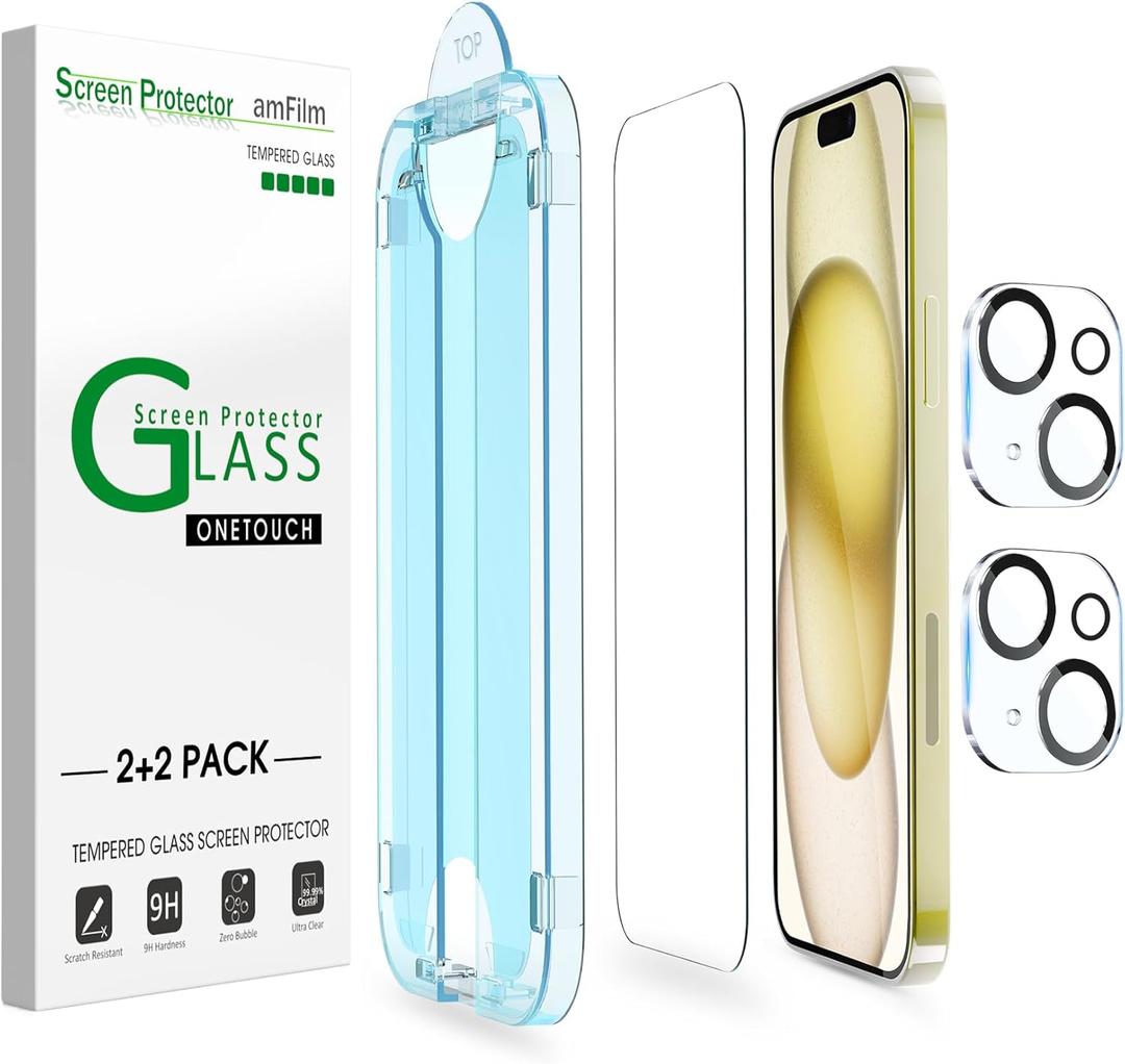 amFilm OneTouch 2+2 Pack Compatible with iPhone 15 Screen Protector 6.1" Tempered Glass with Camera Lens Protector Accessories, Premium Easiest Installation Kit 9H, Case Friendly Anti-Scratch HD