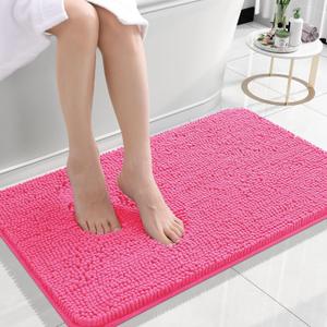 OLANLY Small Bathroom Rugs 24x16, Extra Soft Absorbent Chenille Bath Rugs, Rubber Backing Quick Dry, Machine Washable Bath Mats for Bathroom Floor, Tub and Shower, Home Decor Accessories, Hot Pink