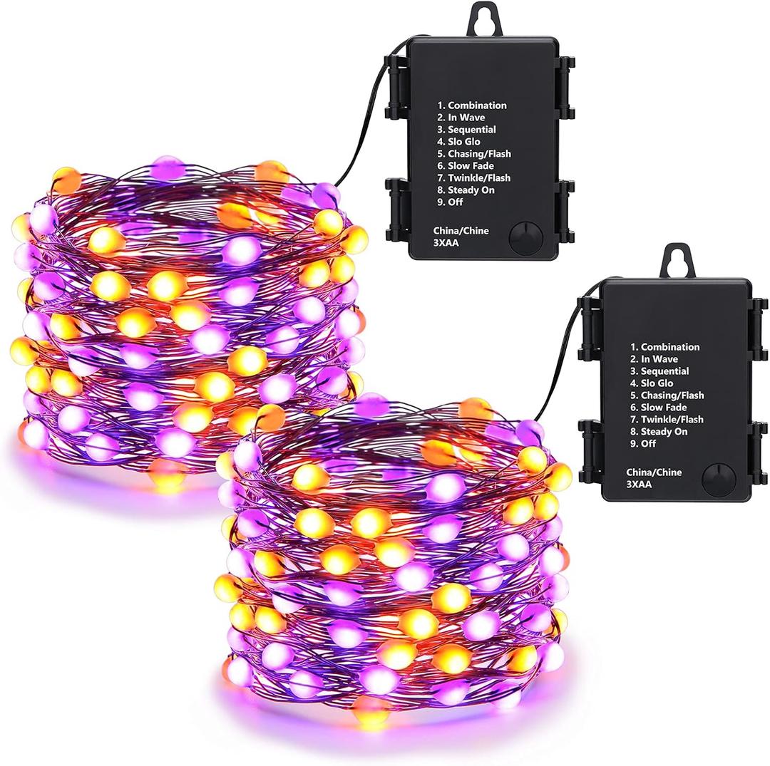 Lomotech Orange Purple Halloween Lights, 2 Pack 16.4ft 50 LED Battery Operated Halloween Fairy Lights with Timer Function, 8 Modes Waterproof Twinkle Lights for Halloween Decorations (Black Wire)