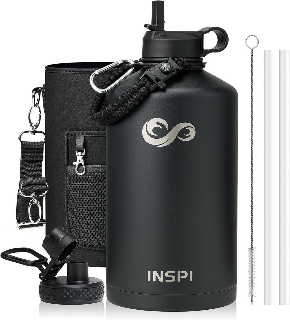 One Gallon Water Bottle Insulated,128 oz Large Food-Grade Stainless Steel Water Bottle (Cold for 48 Hrs), Leak Proof & Non-BPA, Large Water Flask Jug with Paracord Handle & Straw Spout Lids,Black