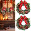 Suncalla 2 Pcs 20 Inch Pre Lit Christmas Wreath for Front Door Norfolk Artificial Xmas Wreath with Lights Bow for Christmas Party Outdoor Decor (Classic Bow)