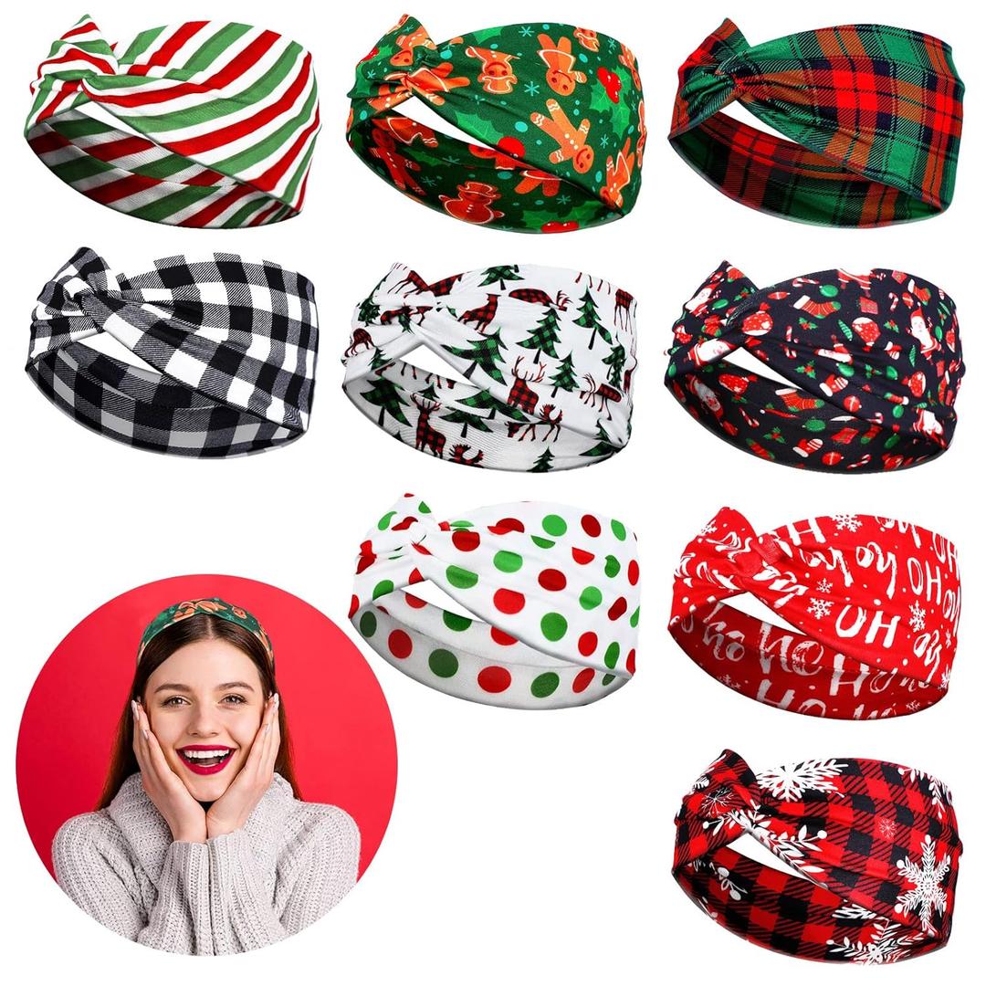 Mtlee 9 Pieces Christmas Twisted Headbands Candy Head Wrap Elastic Wide Retro Plaid Headbands Christmas Hair Accessories for Women Present