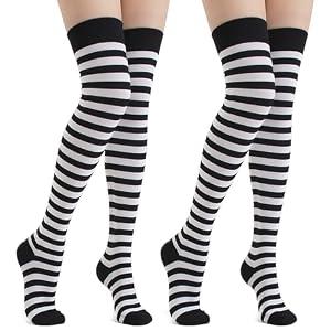 Wildarms Halloween Striped Thigh High Socks 2 Pairs - 3 Colors Over Knee Socks for Christmas Cosplay Costume Accessorie (US, Alpha, C, Regular, Regular, 2, Black/White 34.6in)