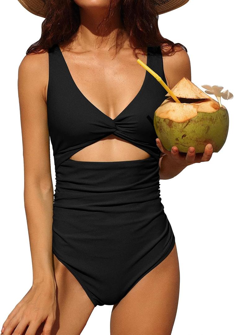 Charmo Womens One Piece Swimsuit Ruched Tummy Control High Cut Backless V Neck Bathing Suits Swimwear (Black, XL)