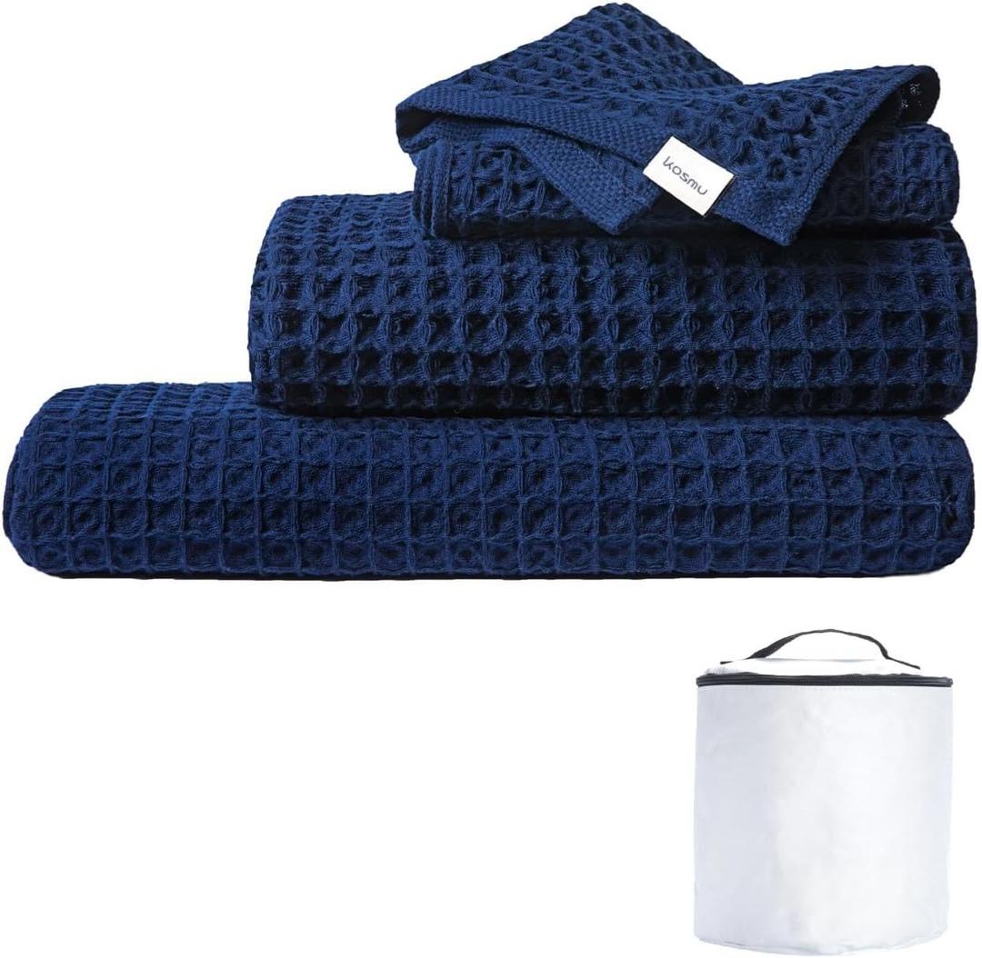 Luxury Organic Japanese Cotton Waffle Bath Towel | Thick, Absorbent, Quick Dry Bathroom Towels for Shower, Sauna, Onsen| Hotel & Spa Quality, Gift-Ready (Ocean Blue, Complete Set (4-Piece))