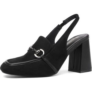 NEWBELLA Women's Square Toe Slingback Pumps - Block Heel Closed Toe Dress Shoes for Party & Office Commuting, Black 7
