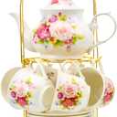 20-Pieces Porcelain Bone china Tea Sets,Gold Rim Coffee Set with Golden Metal Rack,Tea Gift Sets for Home&Party (008)