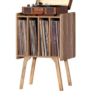 LELELINKY Record Player Stand,Vinyl Record Storage Table with 4 Cabinet Up to 100 Albums,Mid-Century Modern Turntable Stand with Wood Legs,Oak Grey Vinyl Holder Display Shelf for Bedroom Living Room
