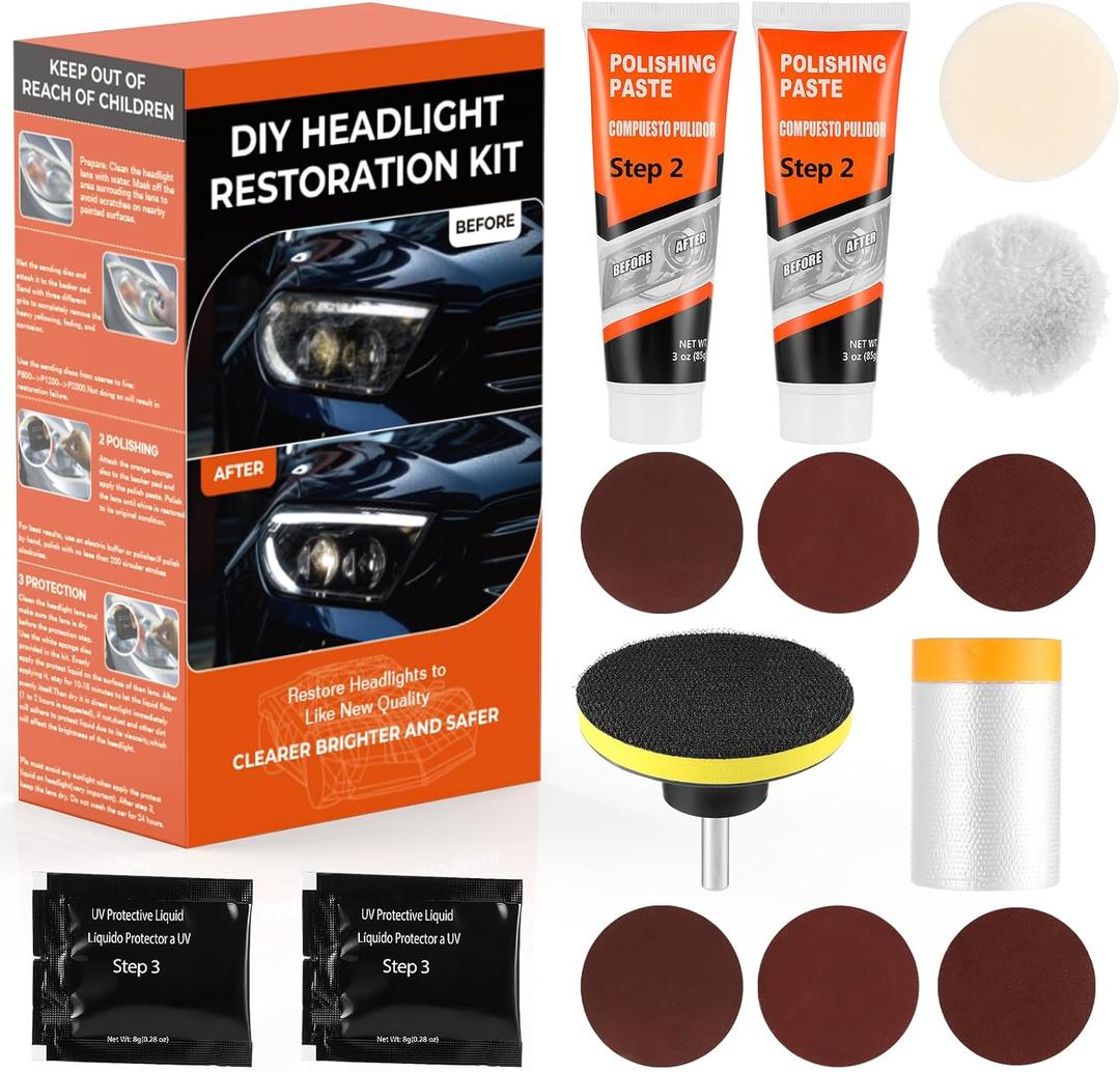 Headlight Restoration Kit, Polish Restore Cleaner Clean Tool DIY Polishing, Sanding Discs, Scouring Pads for Electric Drill, 3 Easy Steps to Restore Sun Car Headlights Lens (bottled)