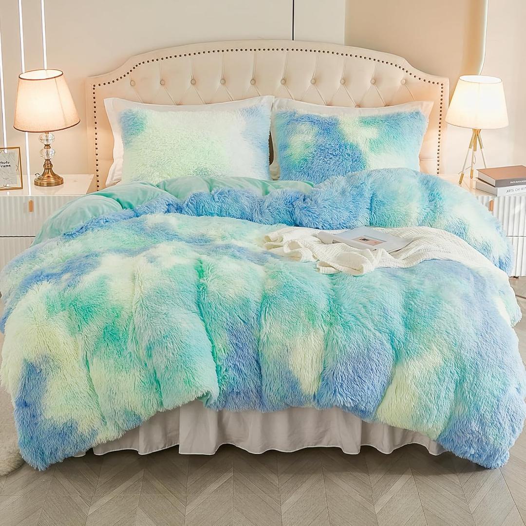 EMME Luxury Blue Fuzzy Duvet Cover Set King Size 3 Pieces Fluffy Comforter Cover Set for King Bed Shaggy and Plush Soft Bedding Duvet Covers (Tie Dye Blue, King)