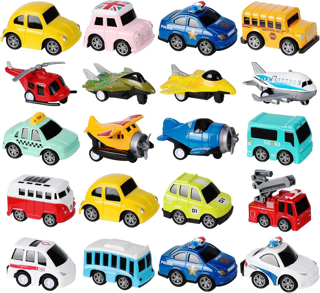 18 Pack Assorted Pull Back Cars and Airplanes Toy Set, Mini Die-cast Metal Friction Powered Vehicles Toy for Kids Boys Girls