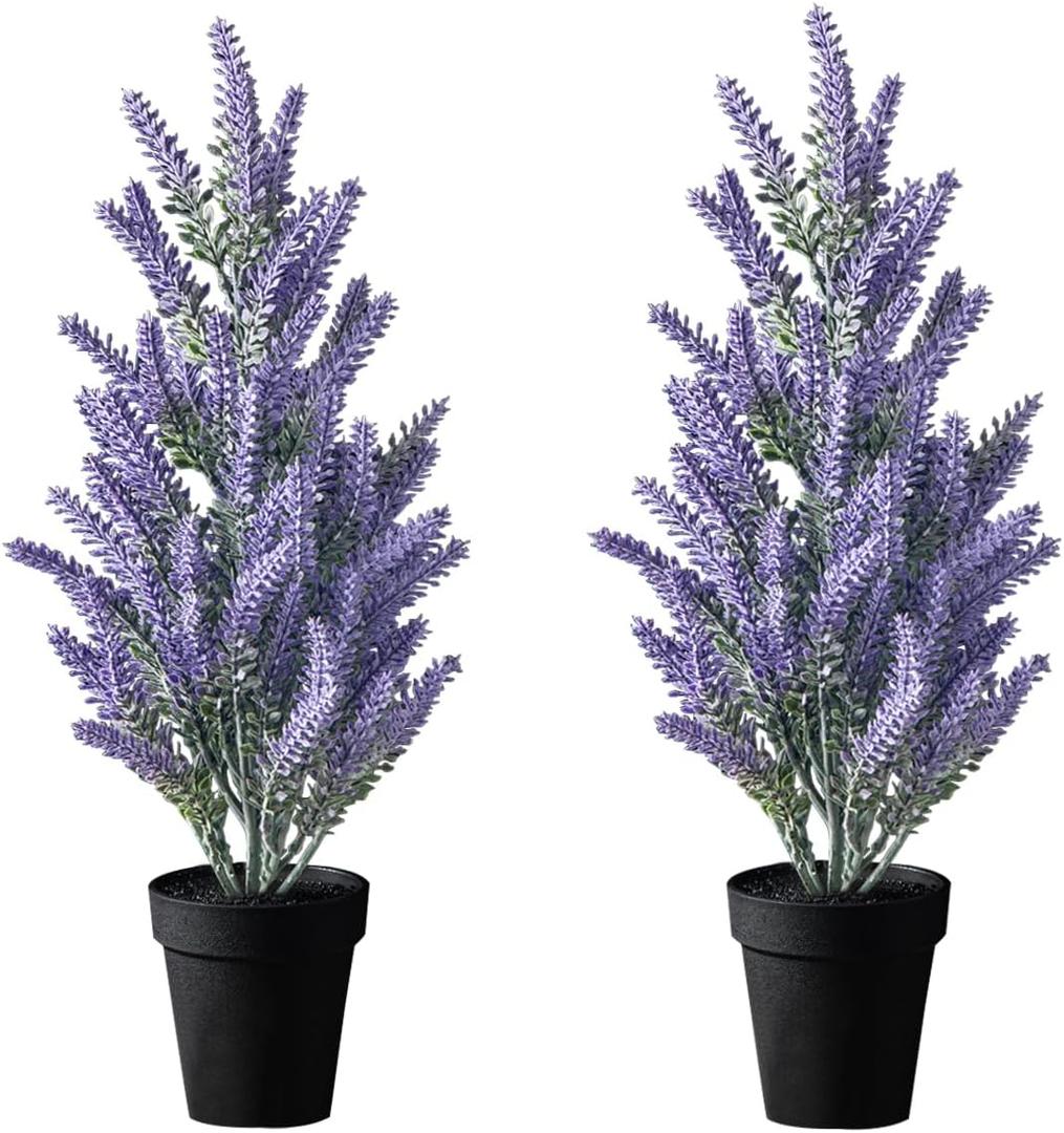 40cm/15.74in Set of 2 Artificial Lavender Plants Potted Fake Flocking Flower Bonsai Plastic Wedding Folower Faux Tree in Pot Real Touch Purple Plants for Gift Home Office Indoor Decor (Lavender)