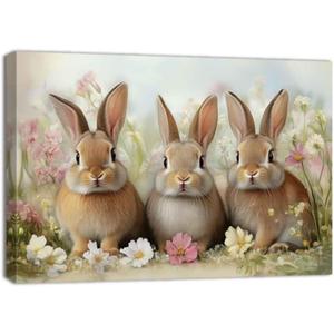 ZQQART Bunny Wall Art Rabbit with Flowers Canvas Prints Cute Animals Picture Easter Festival Painting Prints Children's Room Decor Frame(Pink,12.00" x 18.00")