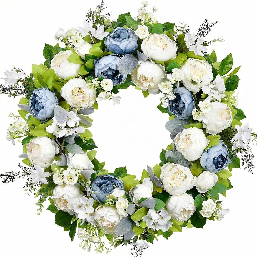 Spring Wreath for Front Door 22-24 Inch, Peony Blue White Wreath, Summer Floral Chaplet, Rose Hydrangea Full Handmade Door Wreaths for Outdoor All Season, Wall and Window Decor