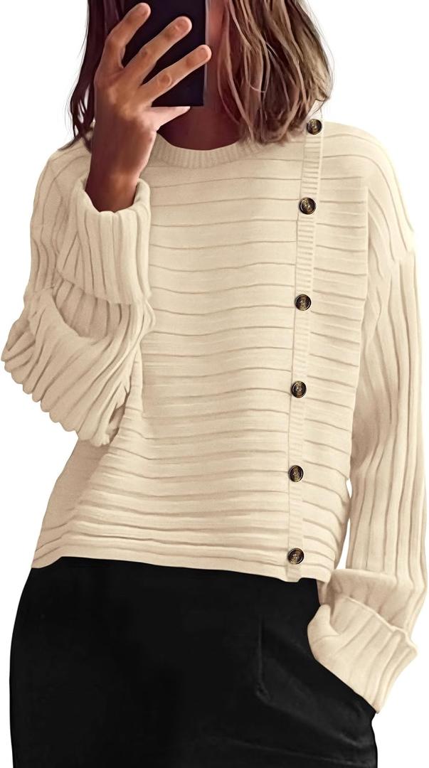 PRETTYGARDEN Womens Sweaters Fall 2026 Casual Long Sleeve Crewneck Button Loose Winter Knit Pullover Sweater Tops (Beige, M)