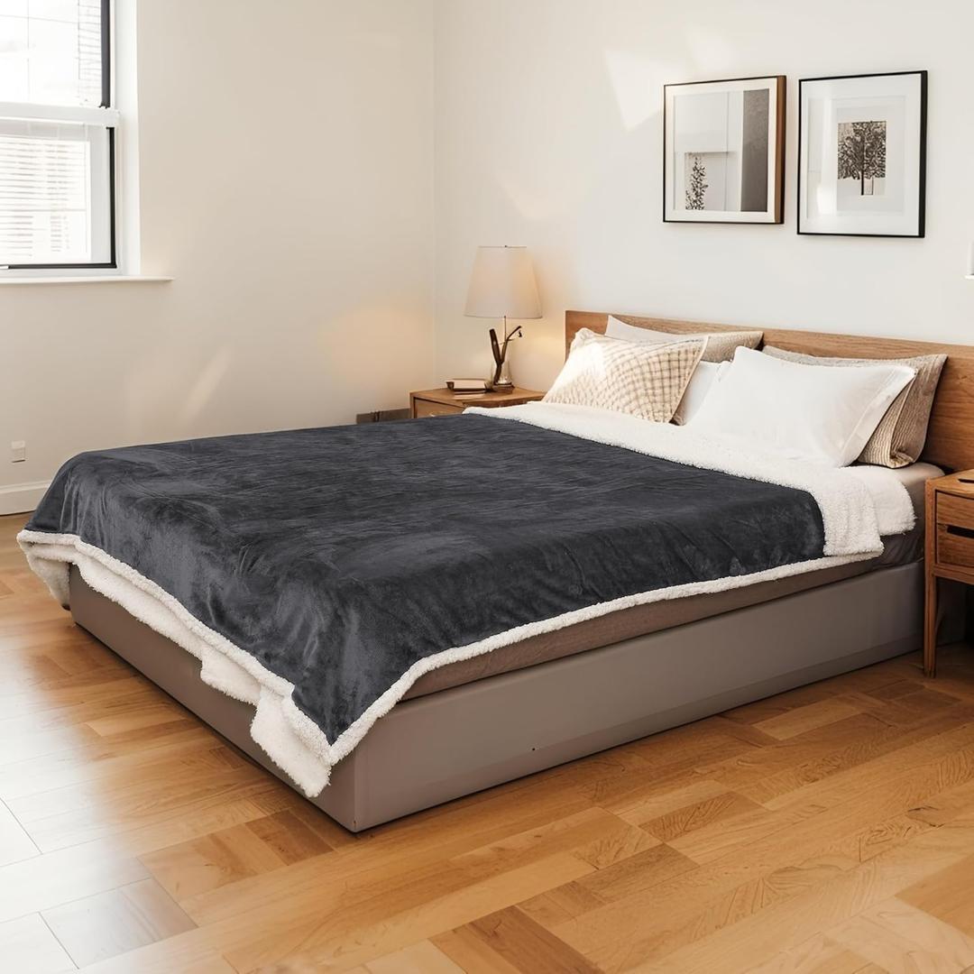 Electric Heated Blanket Twin Size 62"x84" - Flannel & Sherpa Fabric Dual-Sided, 6 Heat Settings & 10 Hours Auto Off, Soft & Cozy Warming Throw for Home, Office, or Bed, Machine Washable, Iron Gray