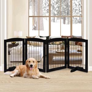 LZRS 4-Panel Freestanding Wooden Dog Gate—Extra Wide 30” Tall Foldable Pet Barrier with Support Feet, Solid Hardwood & Steel Wire Chew-Resistant Safety Gate for Doorways, Hallways, and Stairs, Black