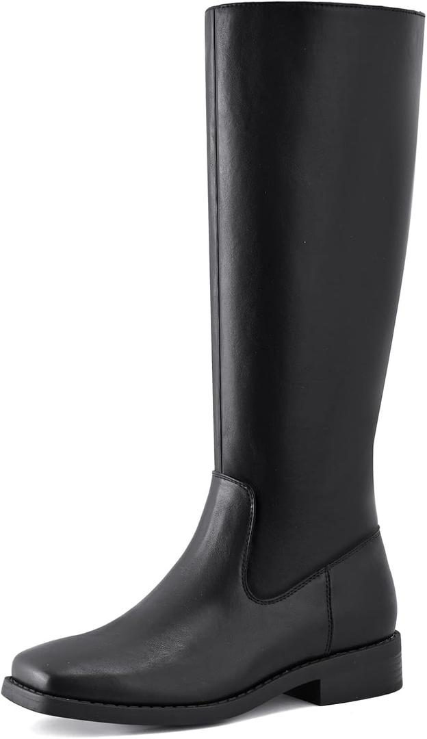 Shoe'N Tale Knee High Boots for Women Block Low Heel Stretchy Square Toe with Side Zipper Fall and Winter Fashion Comfortable Boots