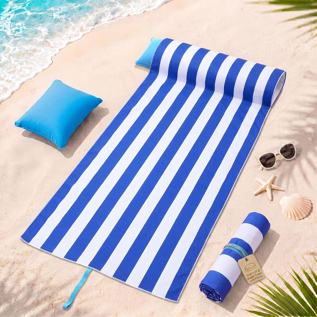 2 in 1 Microfiber Beach Towel with Flat U-Shaped Inflatable Pillow 71'' x 32'' Blue White Stripe Lounge Chair Towel Oversized Quick Dry Blanket with Straps Pillowcases for Seaside Pool, Large