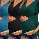 Ekouaer Women's Maternity Shirts 3 Packs Nursing Tops Flying Short Sleeve Breastfeeding Tees Side Ruched Pregnancy Clothes Size XL