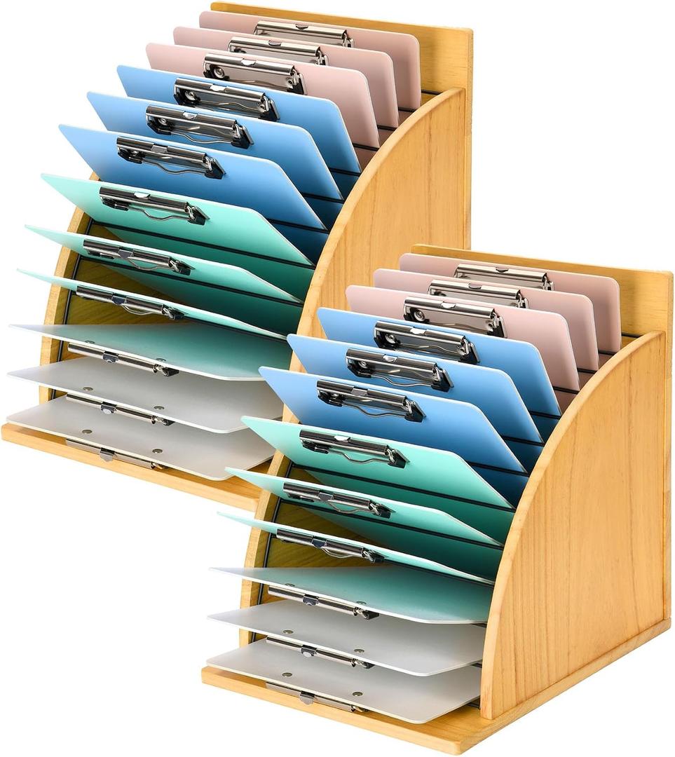 HULISEN 2 Pack Clipboard Holder for Classroom & Office, Wooden Clipboard Storage Organizer with Raised Side Panel & Metal Slots, Wood Clip Board Stand Rack Clip Board Not Included