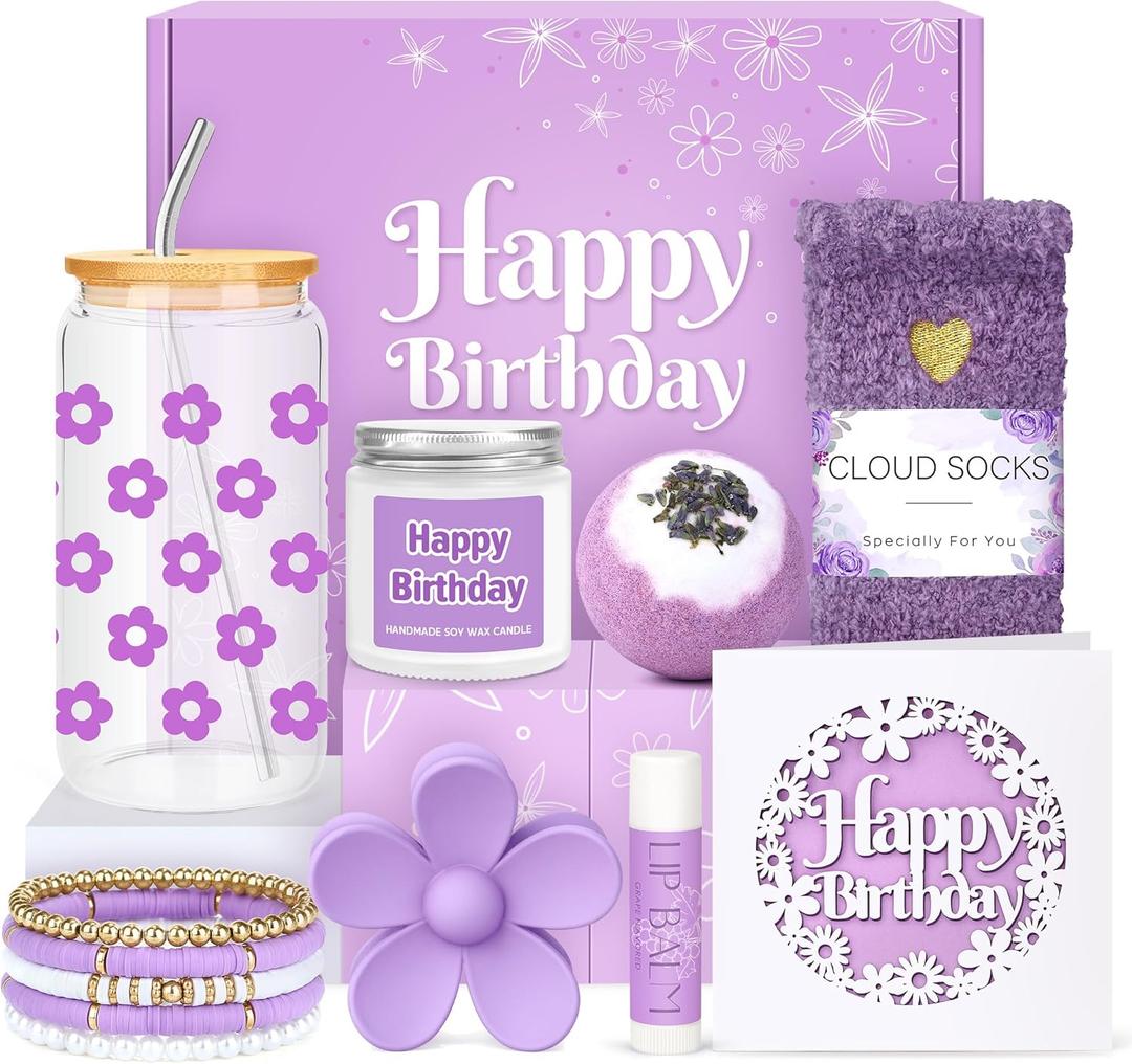 Birthday Gifts for Teen Girls, Women, Teenage Girl Birthday Gift Sets for Teen Girls Tween Gifts for Teenage Girl Cute Daisy Aesthetic Glass Cup Gift Basket for Teens, Women, Her, Sister, Friend (Purple)