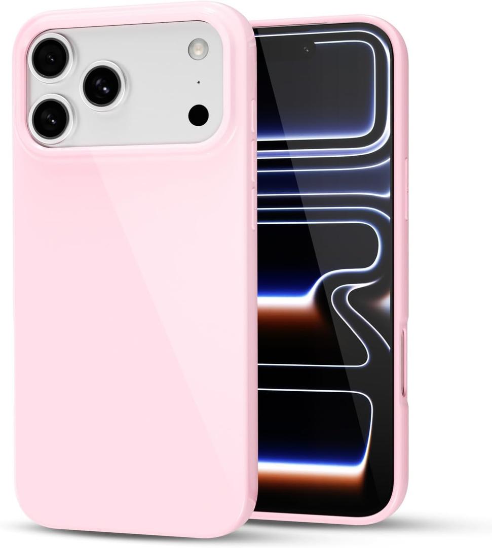 for iPhone 17 Pro Max Phone Case Liquid Silicone, Cute Girly Thin Ultra Slim Jelly Soft Rubber Gel Protective Glossy Hard Plastic Case, Plain Solid Color Cover for Women Girl, Light Pink