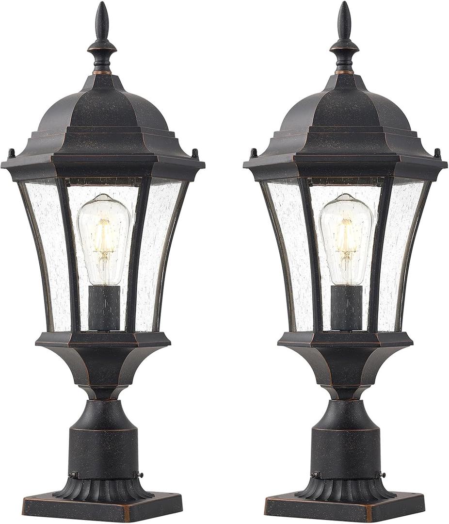 Cast Aluminum 24" Large Outdoor Post Light Bronze Exterior Pole Lights Fixture with Seeded Glass Outside Garden Post Lamp with 3" Pier Mount for Driveway, Yard, 2 Pack