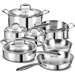 EWFEN 3 Ply Stainless Steel 11-Piece Cookware Set with Lids, Pots and Pans Kitchen Set, Non-Toxic, Induction, Oven, Dishwasher Safe, Professional Chef Quality