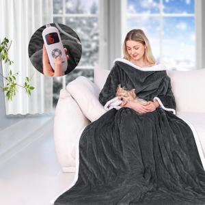 Wearable Heated Blanket with Sleeves, Electric Heated Blanket for Gifts, Electric Throw Wrap Poncho Shawl with Pockets, 6 Heating Levels & 4 Hours Time Settings, 50 x 70 Inch (Grey)