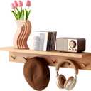 Oak Wood Wall Shelf with 6 Hooks, Entryway Shelf Coat Rack with Hooks Floating Shelves with Hooks for Clothes Hats Towel Purse Robes, Bathroom Mudroom Bedroom (27.5 inch)